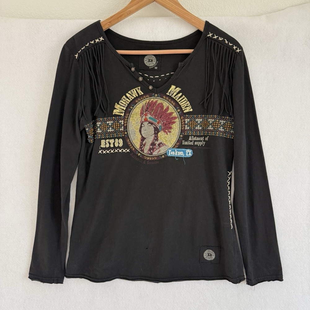 Double D Ranch Indian Native Chief L/S Shirt Medium Black Western HOLES READ